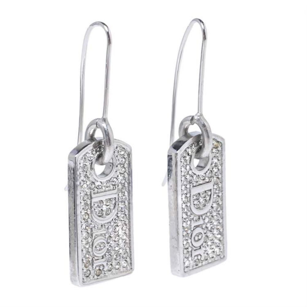 VTG AUTH Christian Dior Silver Rhinestone Logo Dog Tag Hook Charm Earrings - Picture 3 of 7